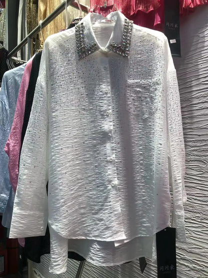 Camisas y Blusas de gran tamaño con perforación en caliente de diamante de punto exquisito de lujo para mujer 2024 Primavera Verano Tops de manga larga Blusas