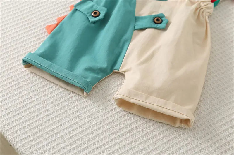 Ropa de verano para niños, ropa de moda para niños pequeños, ropa de arcoíris, camiseta, pantalones con pechera de dinosaurio de dibujos animados, 2 unids/set, traje para niños