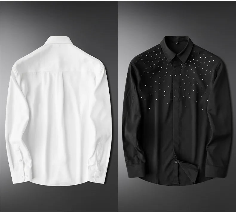 Camisa de Manga Larga Decorada con Pedrería para Hombre, Camisa de Vestir para Banquetes y Fiestas, Camisa Casual de Negocios, Camisa Masculina