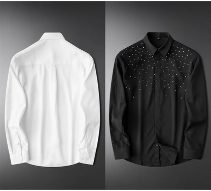 Camisa de Manga Larga Decorada con Pedrería para Hombre, Camisa de Vestir para Banquetes y Fiestas, Camisa Casual de Negocios, Camisa Masculina