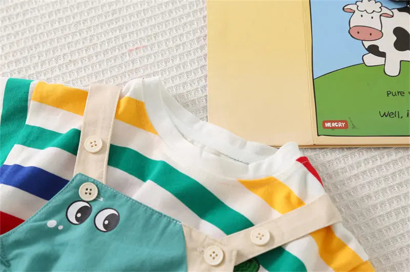 Ropa de verano para niños, ropa de moda para niños pequeños, ropa de arcoíris, camiseta, pantalones con pechera de dinosaurio de dibujos animados, 2 unids/set, traje para niños