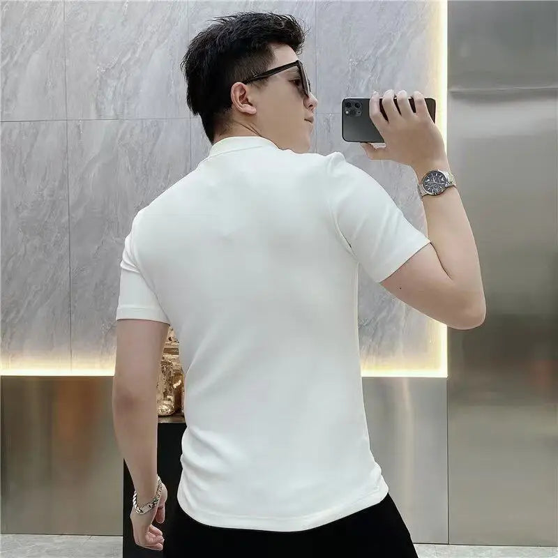 Camiseta de lujo con diamantes de imitación para hombre, camiseta informal ajustada de manga corta con cuello redondo, camiseta Social de negocios, ropa para hombre