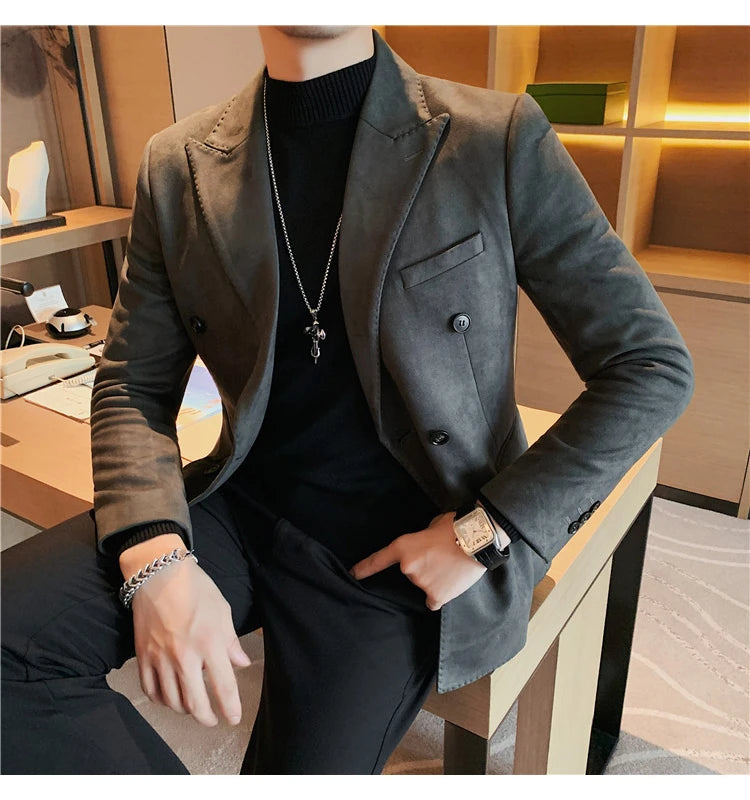 Chaqueta de ante con botones de doble botonadura para hombre, traje de negocios informal, ropa de calle Social, otoño e invierno, 2023