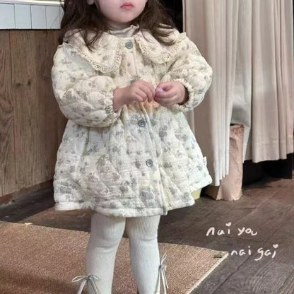 Abrigo Grueso de Algodón Estilo Coreano para Niñas, Otoño e Invierno, Estilo Campestre, Versátil, con Cuadros y Flores