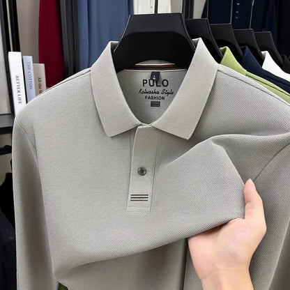 Polo de manga larga de otoño 2025 para hombre, 100% algodón transpirable, estilo informal de negocios con cuello de algodón clásico