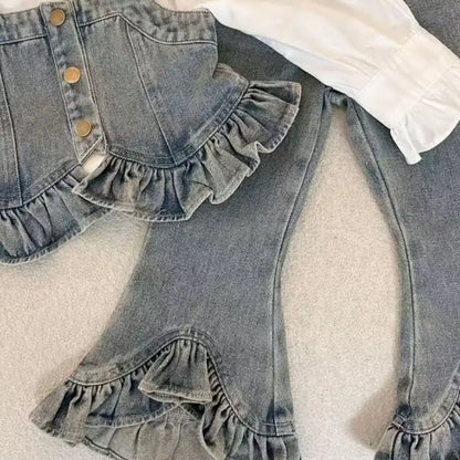 Conjunto para niña, nuevo estilo occidental, mezclilla, primavera y otoño, chaleco para niños, camisa, conjunto de tres piezas para bebé, pantalones vaqueros