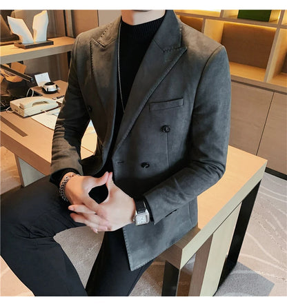 Chaqueta de ante con botones de doble botonadura para hombre, traje de negocios informal, ropa de calle Social, otoño e invierno, 2023
