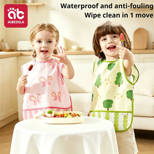 Babero sin mangas AIBEDILA, impermeable y resistente a las manchas, delantal de alimentación para niños pequeños, reutilizable, para recoger alimentos, para bebés, niños y niñas