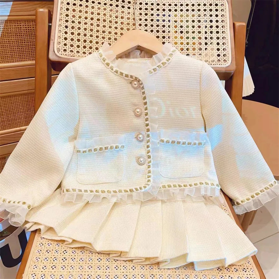 Conjunto de dos piezas de moda para niña, chaqueta de encaje, Falda corta, colección de primavera y otoño, novedad de 2024