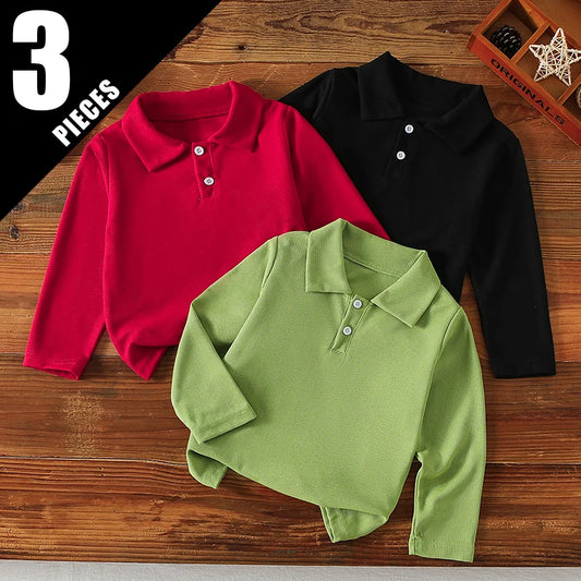 1/2/3 Uds. Otoño e Invierno, Polo sencillo de manga larga de Color sólido para niños, Top guapo para niñas, camiseta con solapa dulce y bonita
