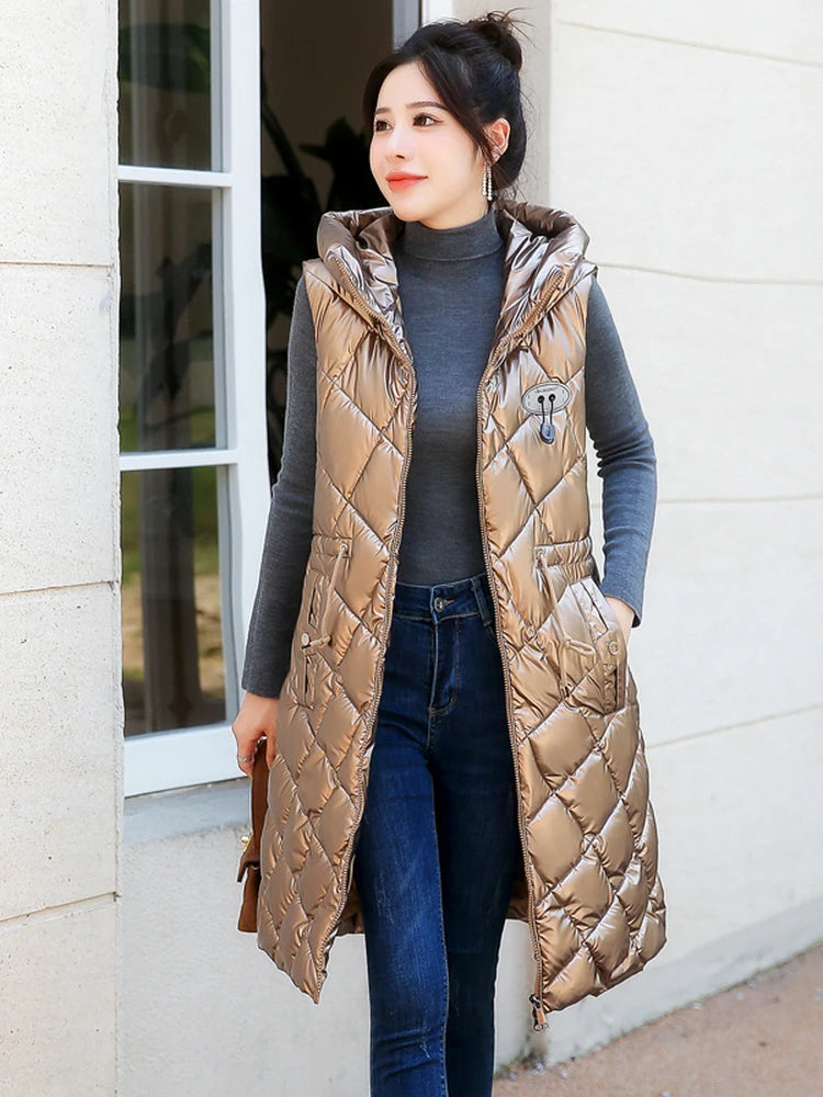 Chaleco de algodón con capucha para mujer, ajustado, de longitud media, sin lavado, superficie brillante, a la moda, versátil...