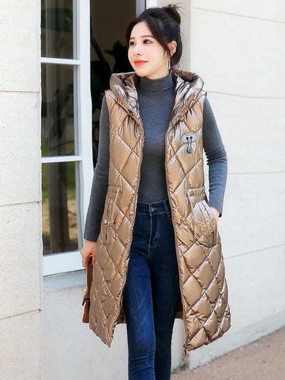 Chaleco de algodón con capucha para mujer, ajustado, de longitud media, sin lavado, superficie brillante, a la moda, versátil...