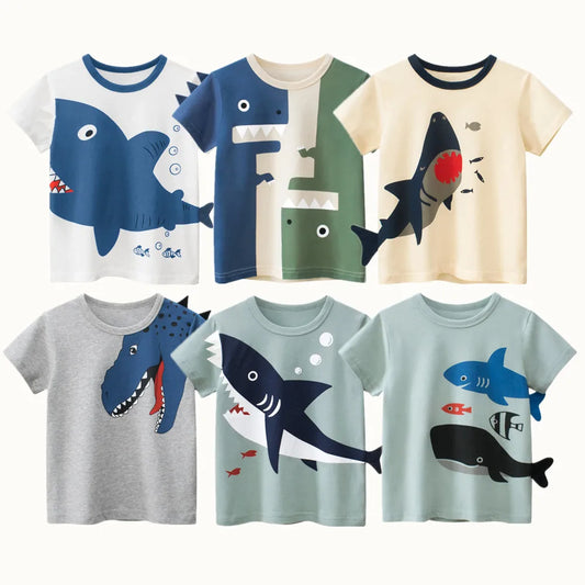 Ropa para niños, camisetas de manga corta con dibujos de dinosaurios y tiburones 3D encantadores de algodón 100%, camisetas deportivas informales para niños 2022