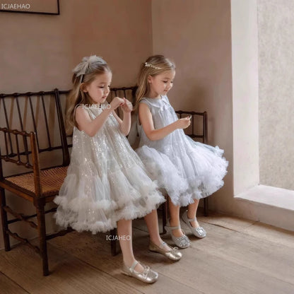 Nuevo vestido de fiesta para niñas, vestido de princesa de tul sin mangas con cuello Peter Pan para actuaciones de Piano, banquete, desfile Formal