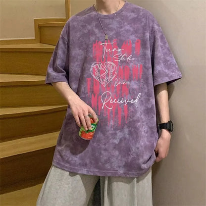 Camisetas de Verano 2026 para Hombre con Estampado Tie-Dye y Gráficos de Graffiti, Camisetas Oversize Juveniles con Estampado de Letras, Tops de Moda Urbana con Contraste de Color