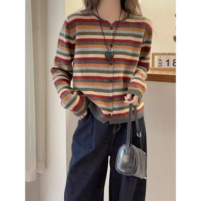 Cárdigan de punto a rayas de Color de manga larga con cuello redondo para mujer en otoño nueva chaqueta suéter de moda y de moda