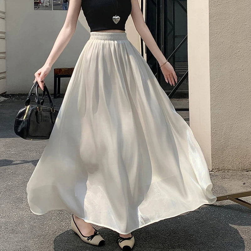 Falda Larga Elegante de Verano para Mujer, Cintura Alta, Línea A, para Vacaciones en la Playa, con Volantes, Estilo Preppy, Dulce, Holgada, Informal y Sencilla