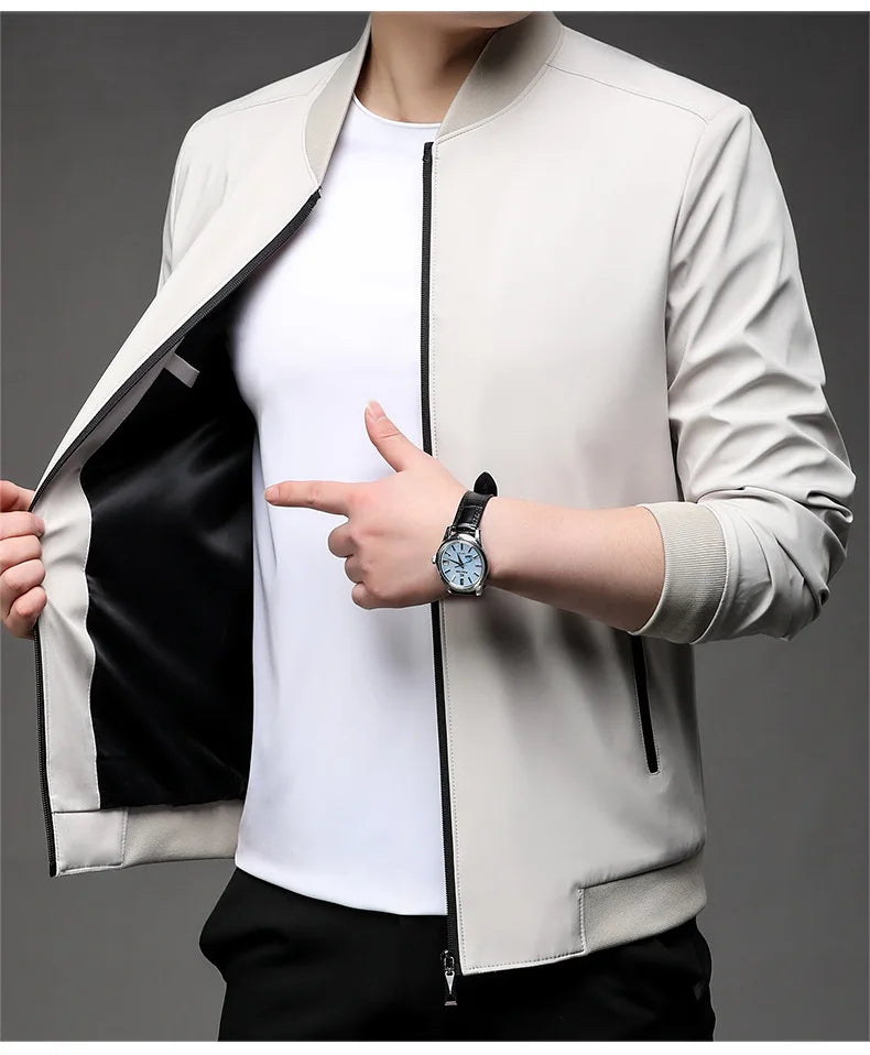 Chaquetas de alta calidad para hombre, chaqueta informal inteligente con cuello de béisbol, abrigo ajustado, prendas de vestir exteriores de Color sólido, primavera y otoño