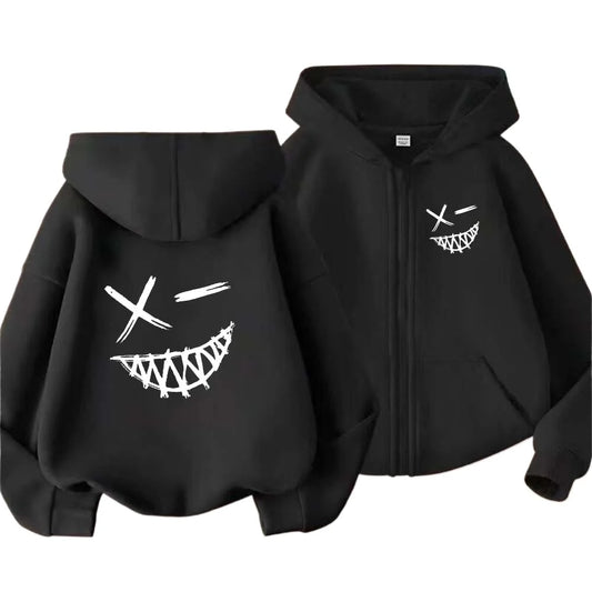 Sudaderas con capucha y cremallera para niños y niñas de 2 a 13 años, trajes informales con estampado de cara de sonrisa malvada, ropa superior para primavera y otoño