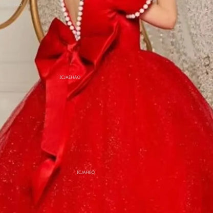 Vestido de fiesta de princesa rojo para niñas, vestido de tul hinchado para cumpleaños, violín, Piano, actuación, desfile de moda, ropa