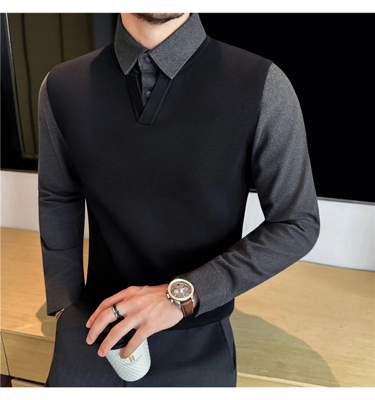 Suéter de punto de alta calidad para hombre, camisa de lana gruesa con cuello empalmado, suéteres con cuello en V, suéter de punto de dos piezas para Otoño e Invierno