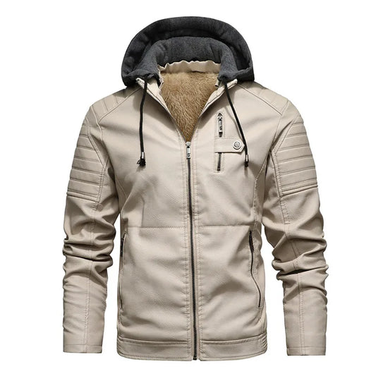 Chaqueta de cuero con forro polar para hombre, abrigos de cuero Pu con capucha, ropa informal para motocicleta, color blanco, Otoño e Invierno