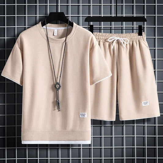 Conjunto de gofres simples para hombre, camiseta informal, pantalones cortos, conjunto deportivo para hombre, conjunto suelto de Color sólido, S-3XL, verano 2025