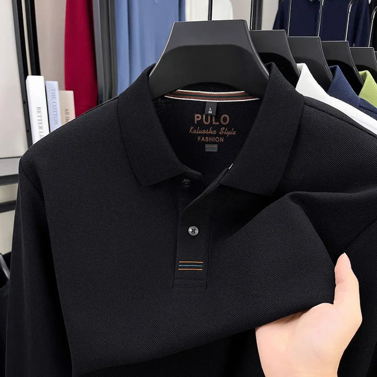 Polo de manga larga de otoño 2025 para hombre, 100% algodón transpirable, estilo informal de negocios con cuello de algodón clásico