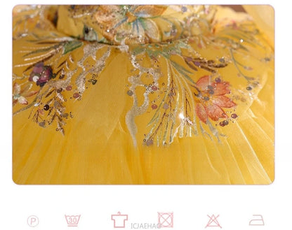 2025 Vestido de fiesta Vestido niños niñas vestidos de novia amarillos disfraz niños flor niña desfile Piano actuación tutú traje