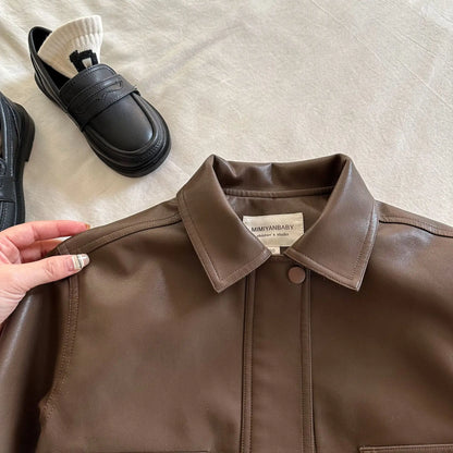Chaqueta de cuero con cuello para niños y niñas, abrigo corto de Color liso, a la moda, novedad de otoño, 2024