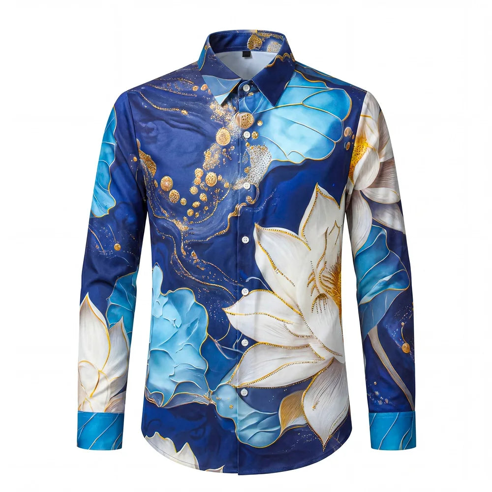Camisa de Lujo Estilo Oceánico para Hombre, Camisa Casual de Manga Larga con Pedrería y Flores, Camisa de Vestir para Oficina y Eventos Sociales, Ropa Masculina 2026