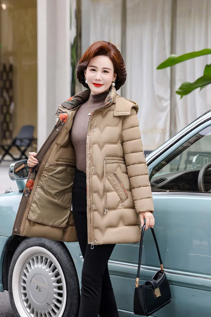 Chaqueta Larga de Algodón Grueso para Mujer, Acolchada, Ajustada, con Cintura Ajustable, Manga Larga, Cierre de Cremallera