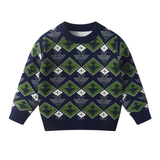 Sudadera verde para niños: suéter de algodón suave de manga larga con cuello redondo para niños y niñas (estilo de otoño e invierno)