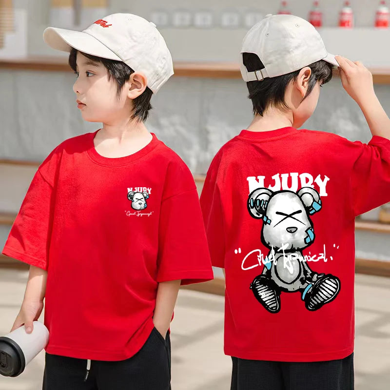 Camiseta de manga corta con estampado de oso de dibujos animados de verano para niños y niñas, camiseta 100% de algodón puro
