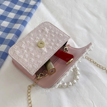 Bolso Bandolera Infantil de Encaje con Perlas, Ligero, Estilo Princesa, con Correa Ajustable