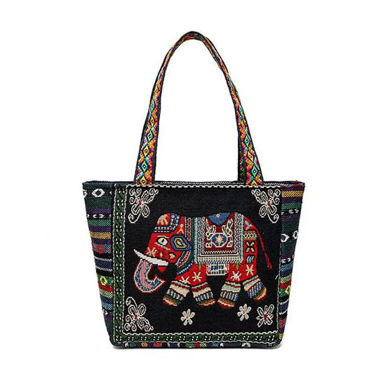 Bolso de hombro de estilo étnico para mujer, bolso de mano de oficina, bolso de mano de almacenamiento de viaje informal con elefante bordado de lona para estudiantes, nuevo