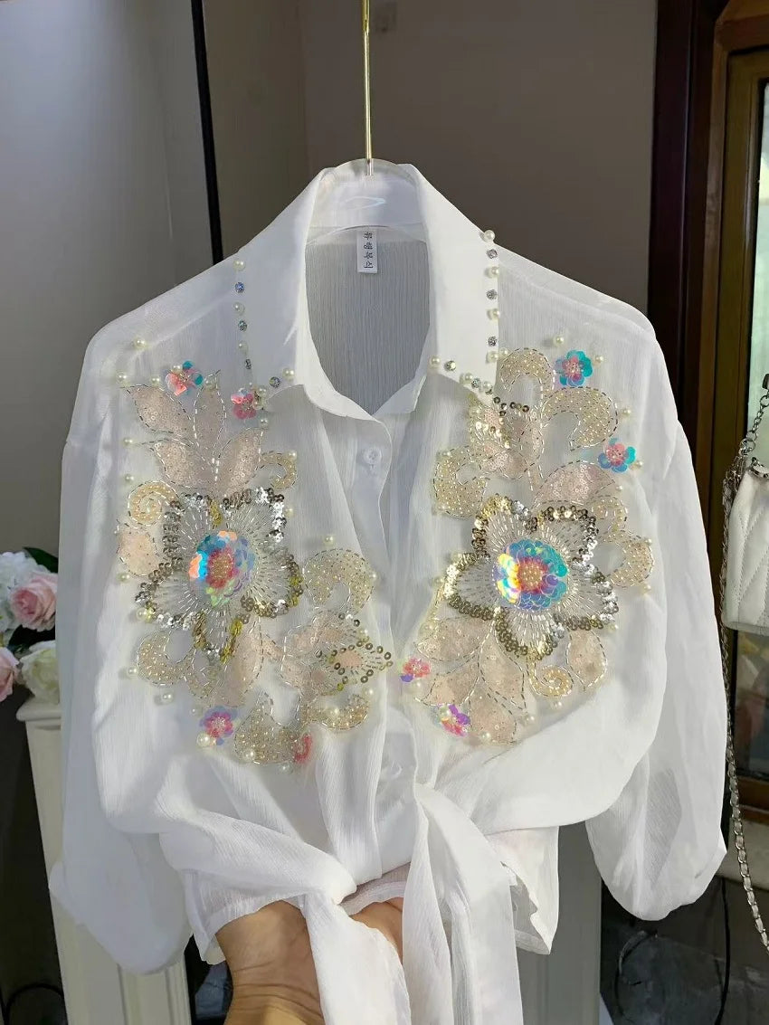 Blusas con Lentejuelas Brillantes y Bordados para Mujer, Chaquetas de Verano con Protección Solar, Ropa Coreana Popular
