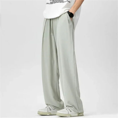 Pantalones bombachos holgados rectos lisos de verano para hombre, pantalones de chándal drapeados deportivos informales, pantalones de pierna ancha con cordón, novedad de 2025