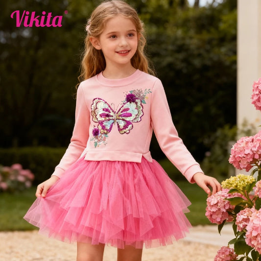 VIKITA, vestido con capucha para niños, vestidos rosas de retales para niñas, vestido de tutú grueso de princesa de tul con apliques de mariposa y lentejuelas