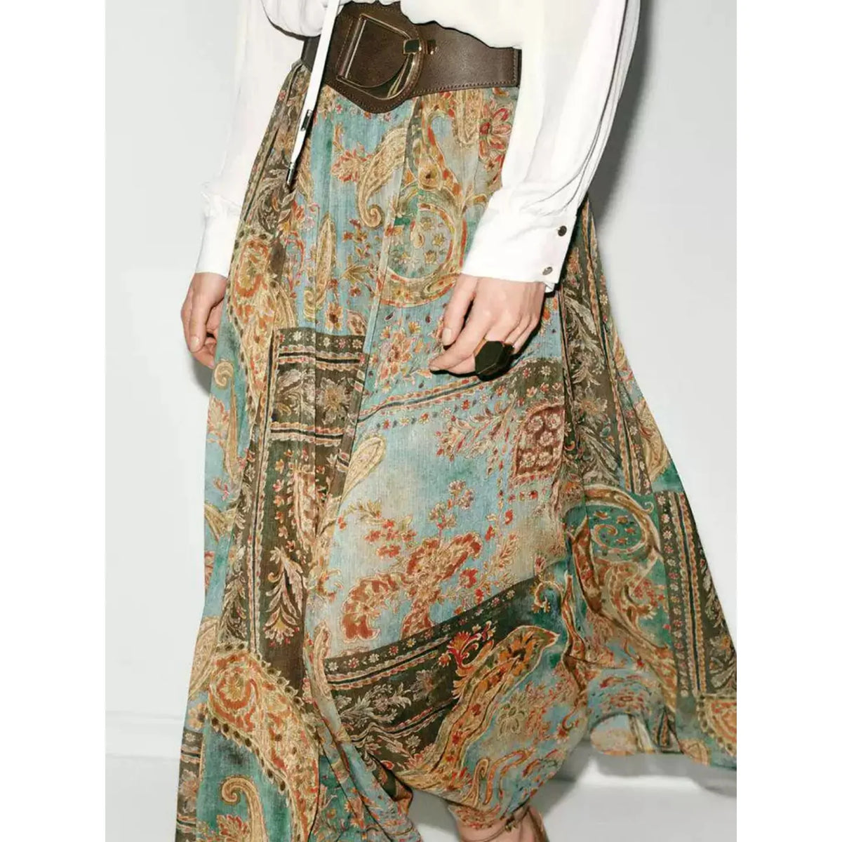 Falda Midi de Gasa con Estampado Retro Dulce y Moderno para Mujer, Estilo Veraniego, Diseño Holgado en la Cintura, Corte en A...