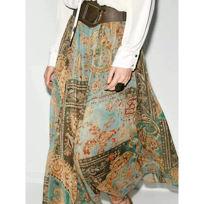 Falda Midi de Gasa con Estampado Retro Dulce y Moderno para Mujer, Estilo Veraniego, Diseño Holgado en la Cintura, Corte en A...