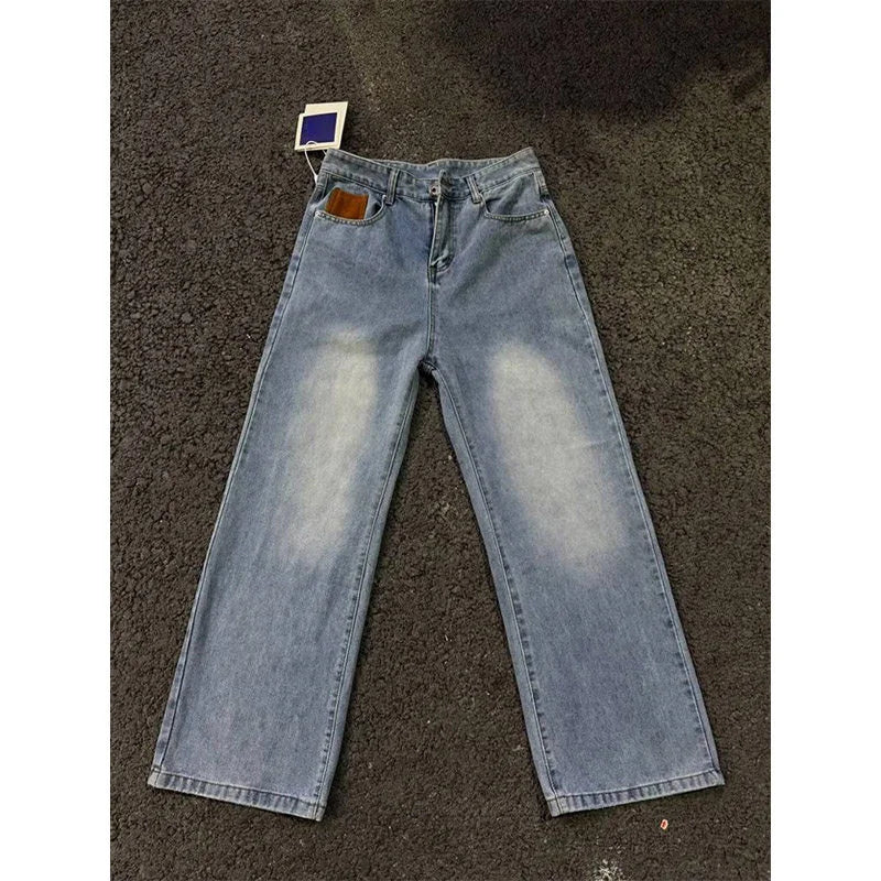 Jeans de pierna recta con parches azules vintage de verano 2026 para hombre, pantalones vaqueros casuales americanos con bolsillos marrones, estilo Y2K, streetwear