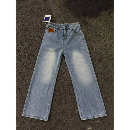Jeans de pierna recta con parches azules vintage de verano 2026 para hombre, pantalones vaqueros casuales americanos con bolsillos marrones, estilo Y2K, streetwear