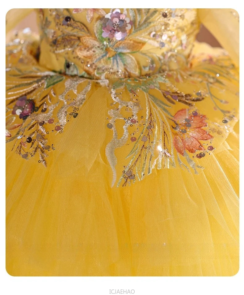 2025 Vestido de fiesta Vestido niños niñas vestidos de novia amarillos disfraz niños flor niña desfile Piano actuación tutú traje