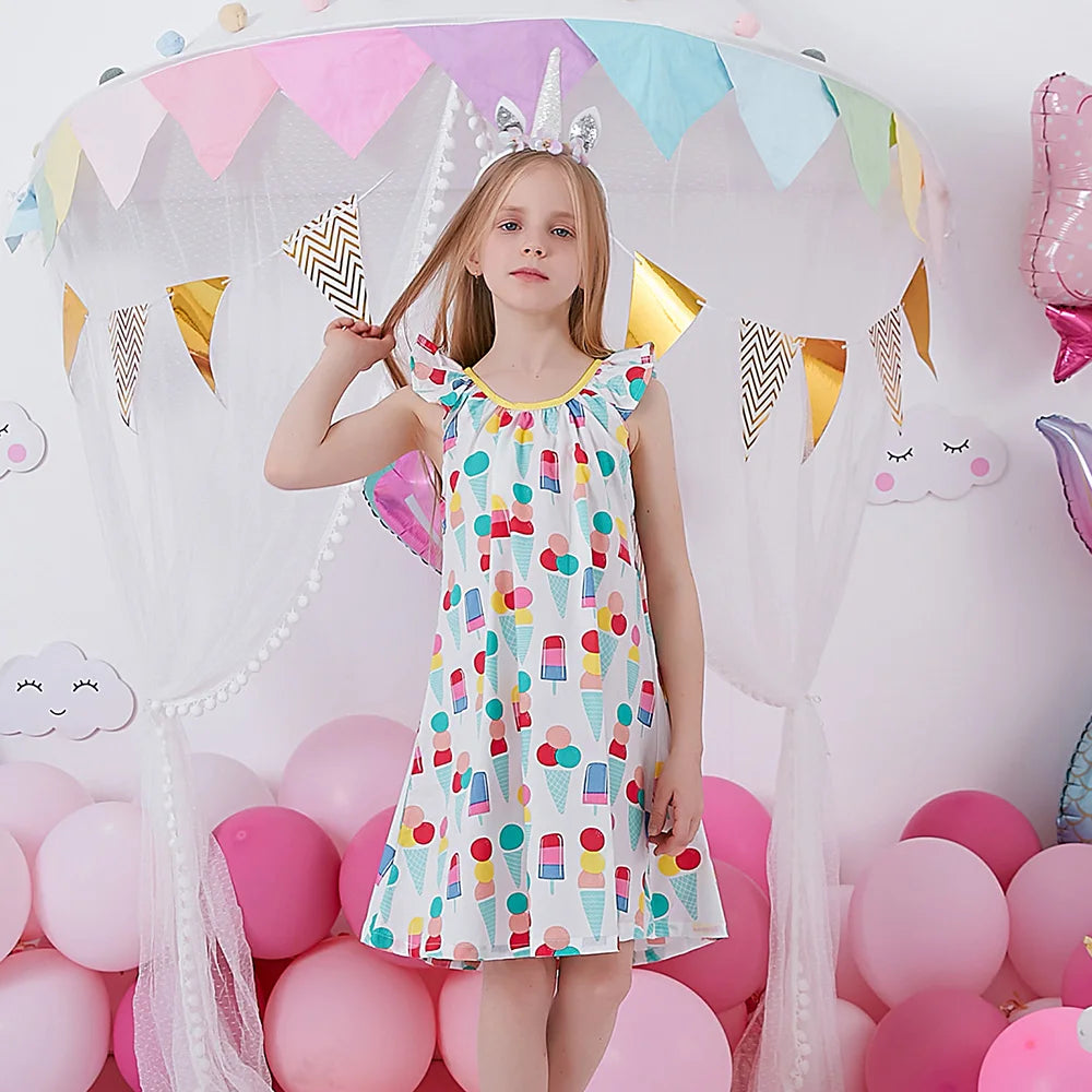 VIKITA-camisola con tirantes para niña, vestido sin mangas con estampado de helado, manga acampanada, ropa de verano