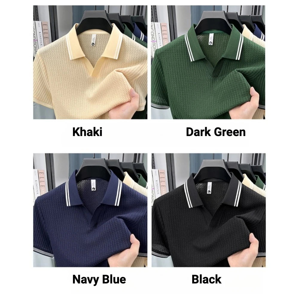 Nueva Camiseta Polo de Verano para Hombre |   Cuello en V con Rayas |   Camiseta de Manga Corta, Transpirable y Ajustada