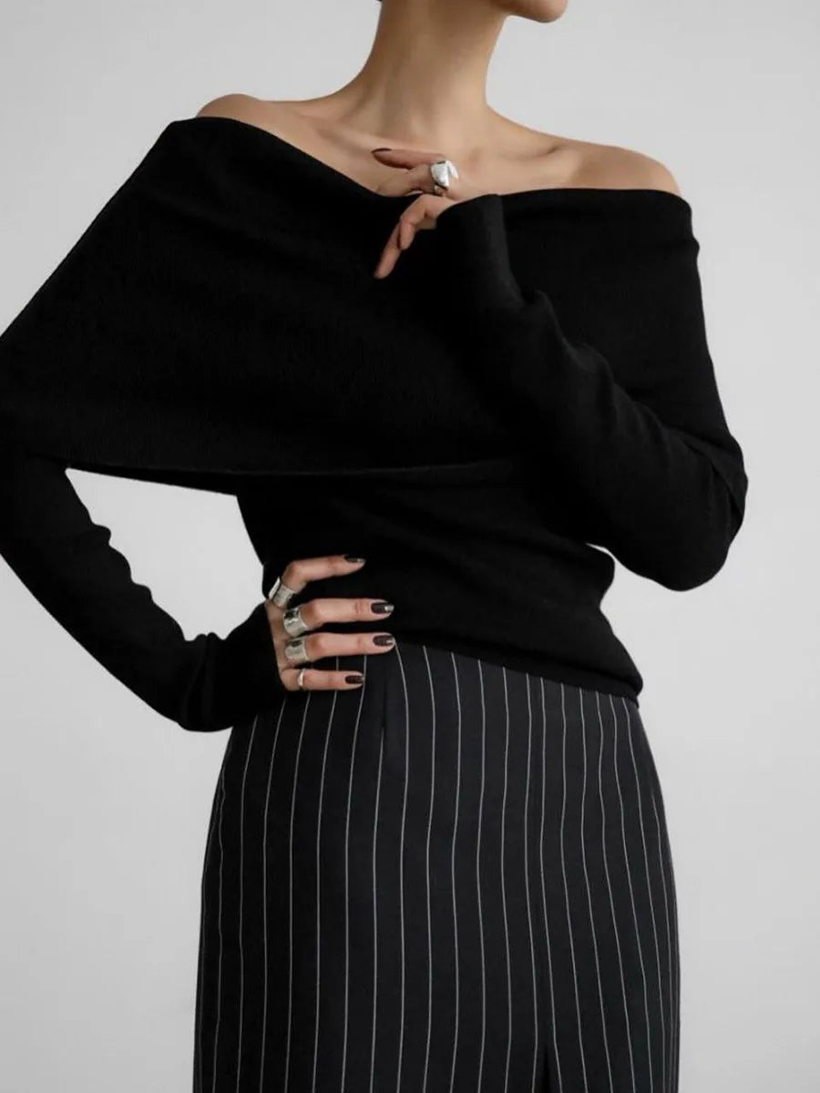 Suéter de punto para mujer con hombros descubiertos, top de manga larga, jersey, ropa de otoño-invierno en rojo, gris, marrón y blanco