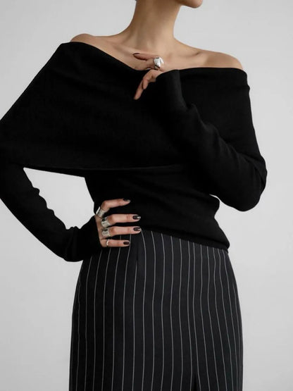 Suéter de punto para mujer con hombros descubiertos, top de manga larga, jersey, ropa de otoño-invierno en rojo, gris, marrón y blanco