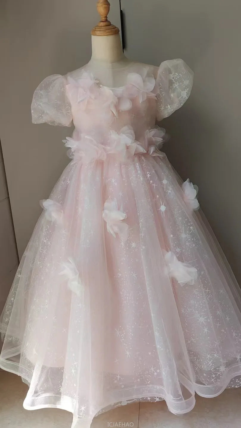 Vestido largo rosa para niñas, vestidos de presentador, ropa para fiesta de cumpleaños, vestido de princesa, disfraz de lujo, traje de actuación de Piano para niños