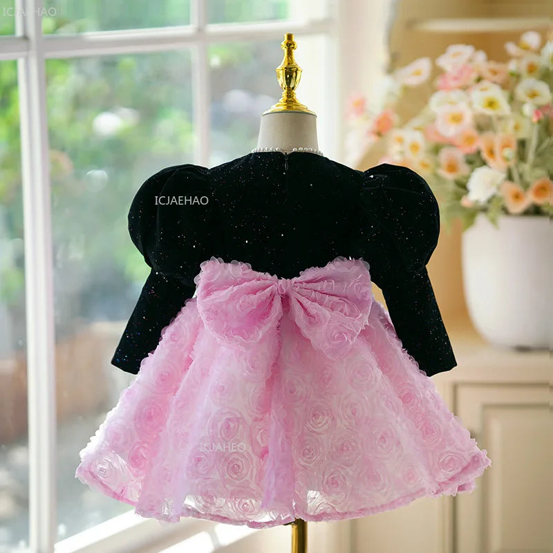 Vestido de novia de niña de flores de manga larga para niños, vestido de princesa para 1er cumpleaños, Piano, Recital, fiesta de cumpleaños, ropa Formal